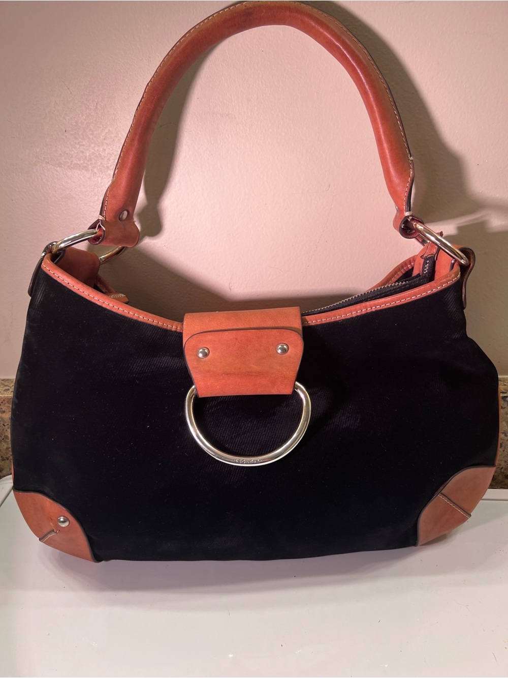 Sequoia Black Fabric and Brown Leather Shoulder Bag with Silver Ring Accent